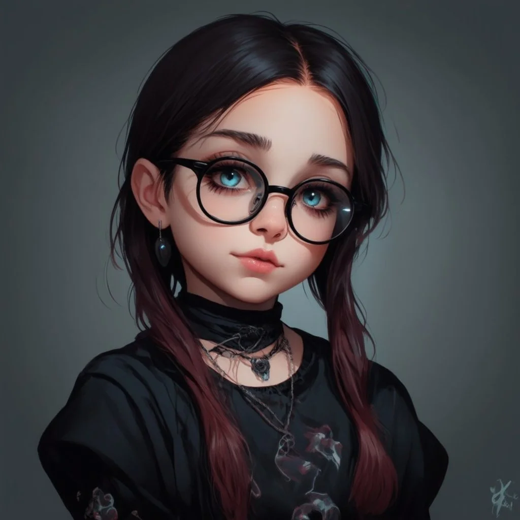 a 14 year old, goth aesthetic, glasses, digital art, stylised