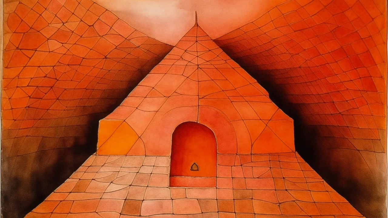 A light rosy orange colored underground covered in magma painted by Paul Klee