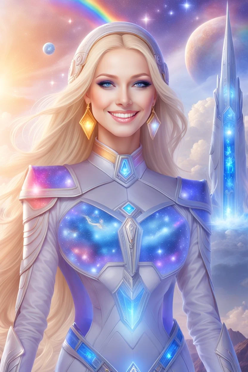cosmic woman smile,beautiufos rainbow, admiral from the future, galactic confédération, fine whole face, crystalline skin, expressive blue eyes,rainbow, smiling lips, very nice smile, costume pleiadian, Beautiful tall woman pleiadian Galactic commander, ship, perfect datailed golden galactic suit, high rank, long blond hair, hand whit five perfect detailed finger, amazing big blue eyes, smilling mouth, high drfinition lips, cosmic happiness, bright colors, blue, pink, gold, jewels, realist,