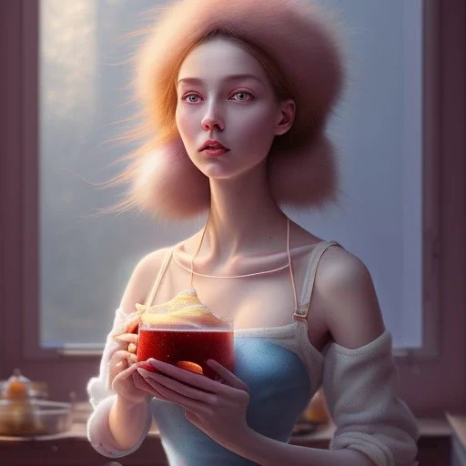 pixar style, realistic painting of a women in dress and a jar jam marmelade in kitchen,volumetric blue sky environment and background, volumetric lighting,dramatic lighting, detailed digital painting, extreme dense and fine fur, anime, ornate, colour-washed colors, elegant, small minutiae, tiny features, particulars, centered, smooth, sharp focus, renderman gofur render, 8k, uhd, detailed eyes, realistic shaded volumetric lighting,caustics,backlight