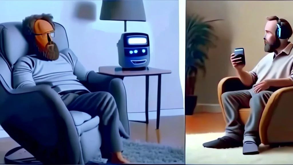 man sitting ALONE in his lazy boy chair at home argues with his AI clone on the phone