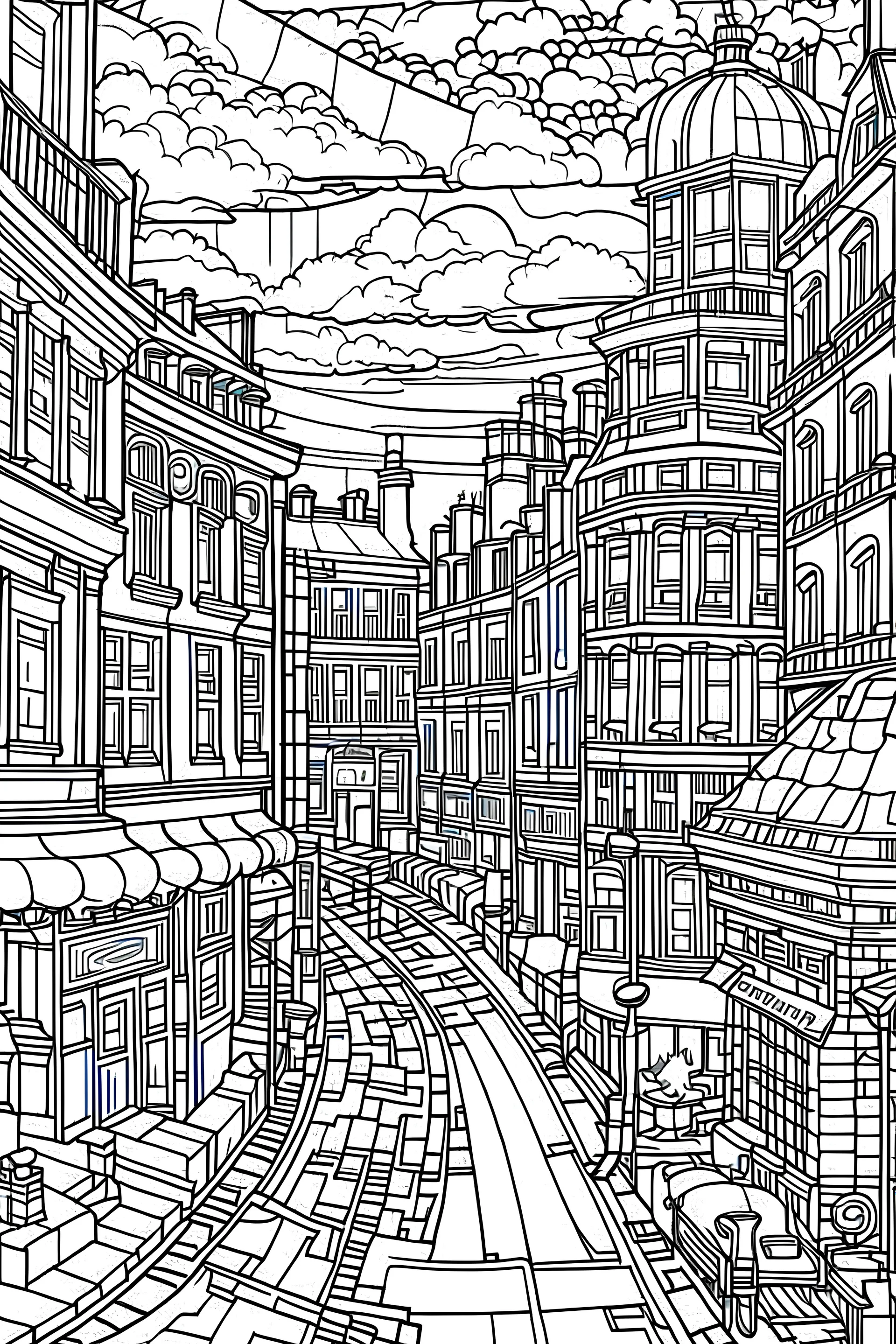 Create a coloring book page of cityscapes, full ,coloring book page ,simple and clean art , , sharp line, cartoon style ,white background no color