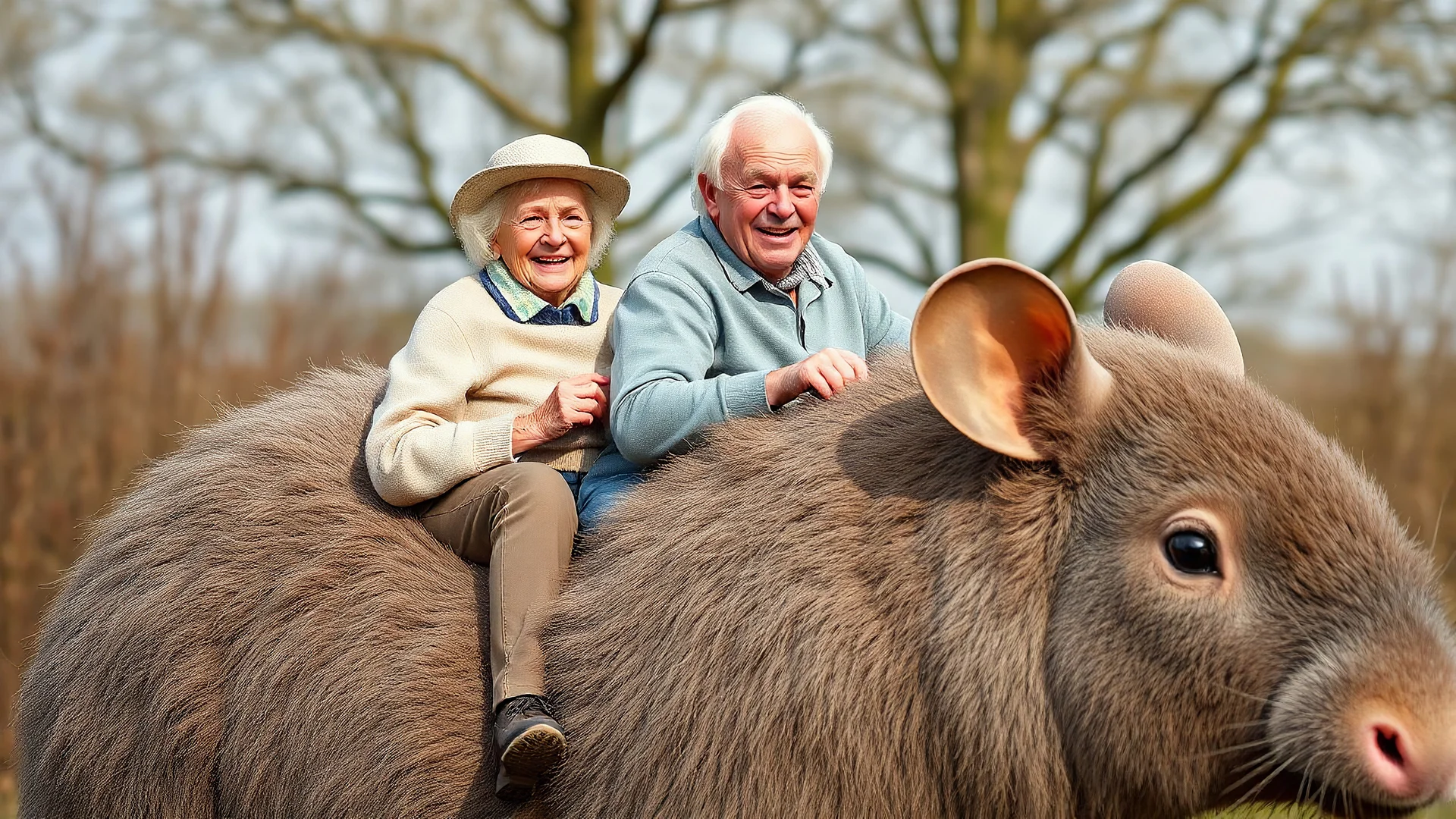 Elderly pensioners riding an enormous dormouse. Everyone is happy. Photographic quality and detail, award-winning image, beautiful composition.