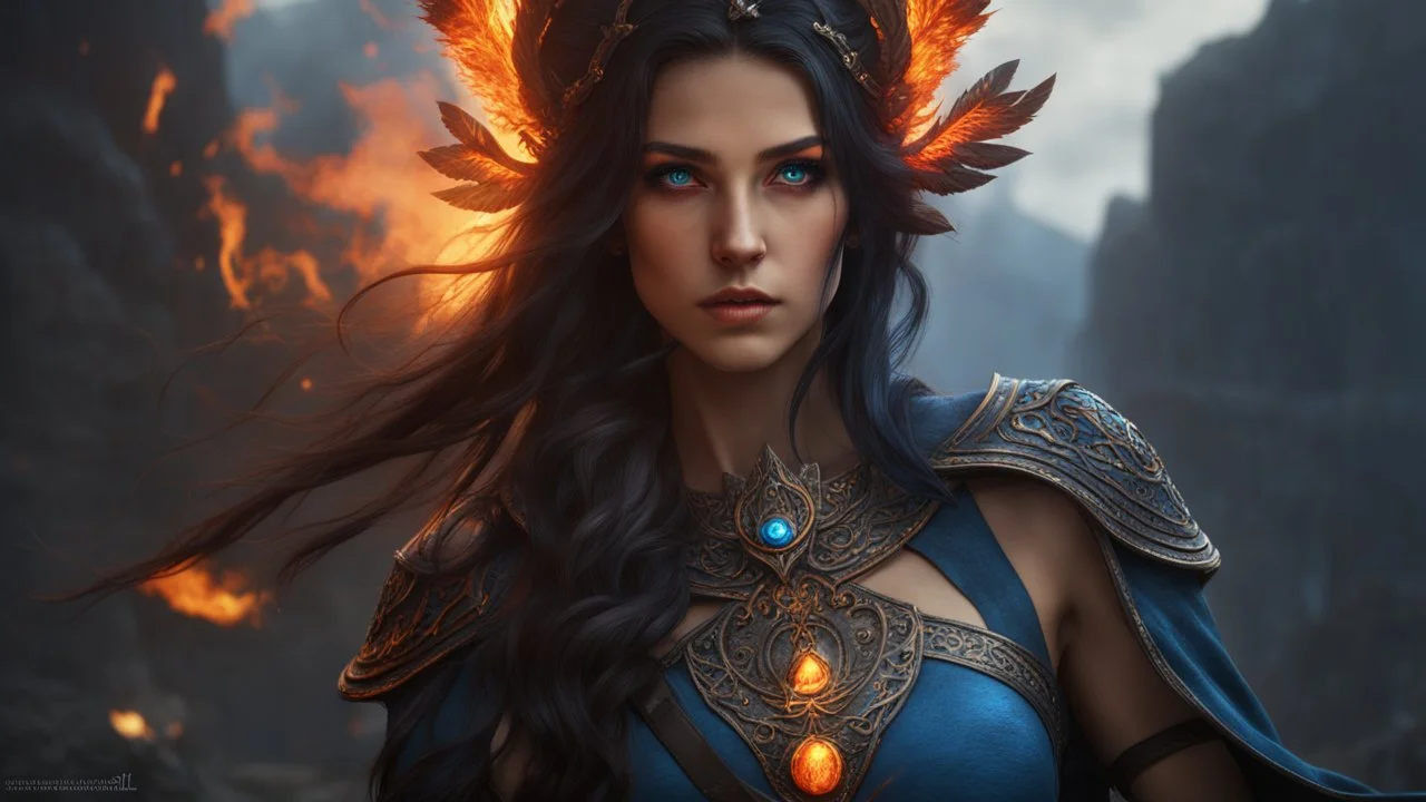 18 year old female sorcerer. beautiful eyes. black smoke. blue and orange fire. end of the world. Armageddon. ragnarok. exquisite realism, a masterpiece, fantasy concept art, dynamic lighting, hyperdetailed, intricately detailed, deep color, Unreal Engine, volumetric lighting , Epic cinematic brilliant stunning intricate meticulously detailed dramatic atmospheric maximal,