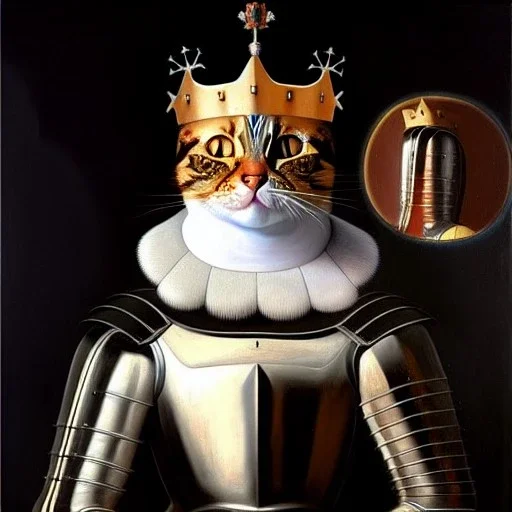 oil painting of a beautiful symmetrical cat with armor,wearing crown XV century, by El Bosco, Leonardo da Vinci, Goya 8k