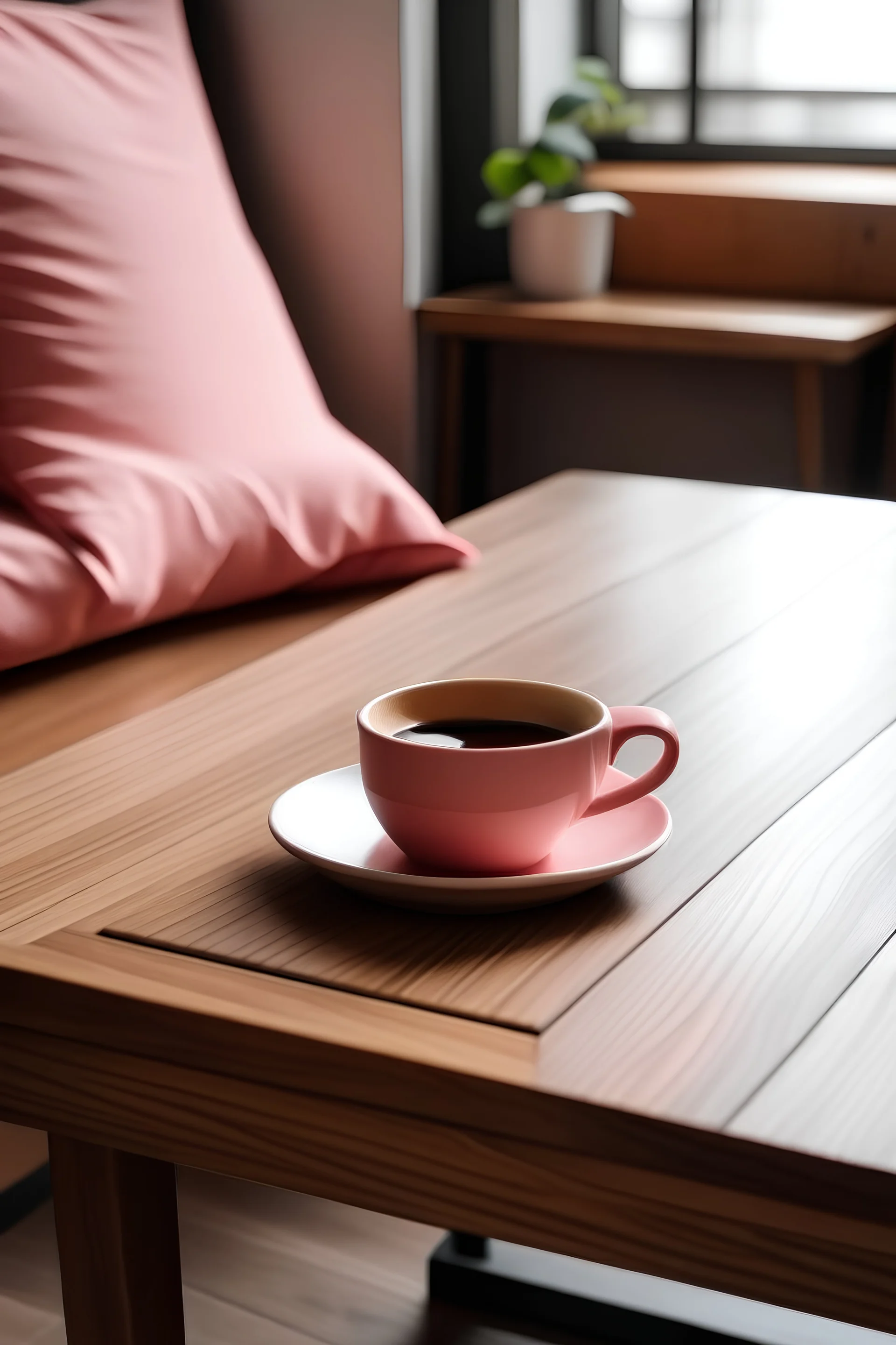 a picture of a wooden table with a pink pillow on it and a mug of coffee on the other side