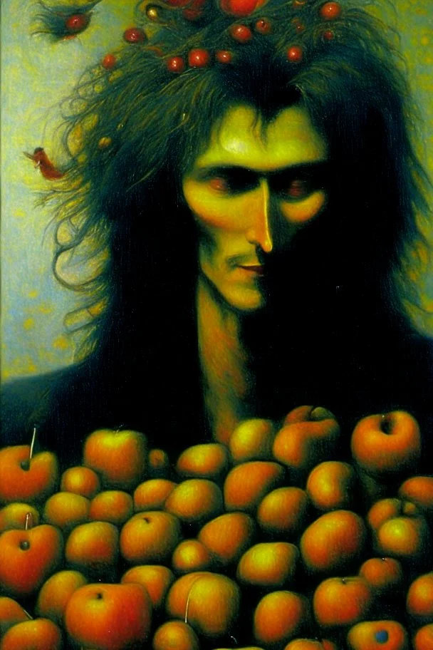 composition hair fully in focus full shot fine detailed oil painting portrait of a man with apples by artist "Zdzisław Beksiński"