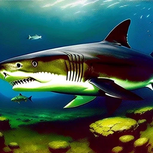 Full Body portrait of ' Giant Megalodon Shark',painting by gaston bussiere, greg rutkowski, yoji shinkawa, yoshitaka amano, tsutomu nihei, donato giancola, tim hildebrandt, oil on canvas, extreme detail,fit full head inside picture,32k