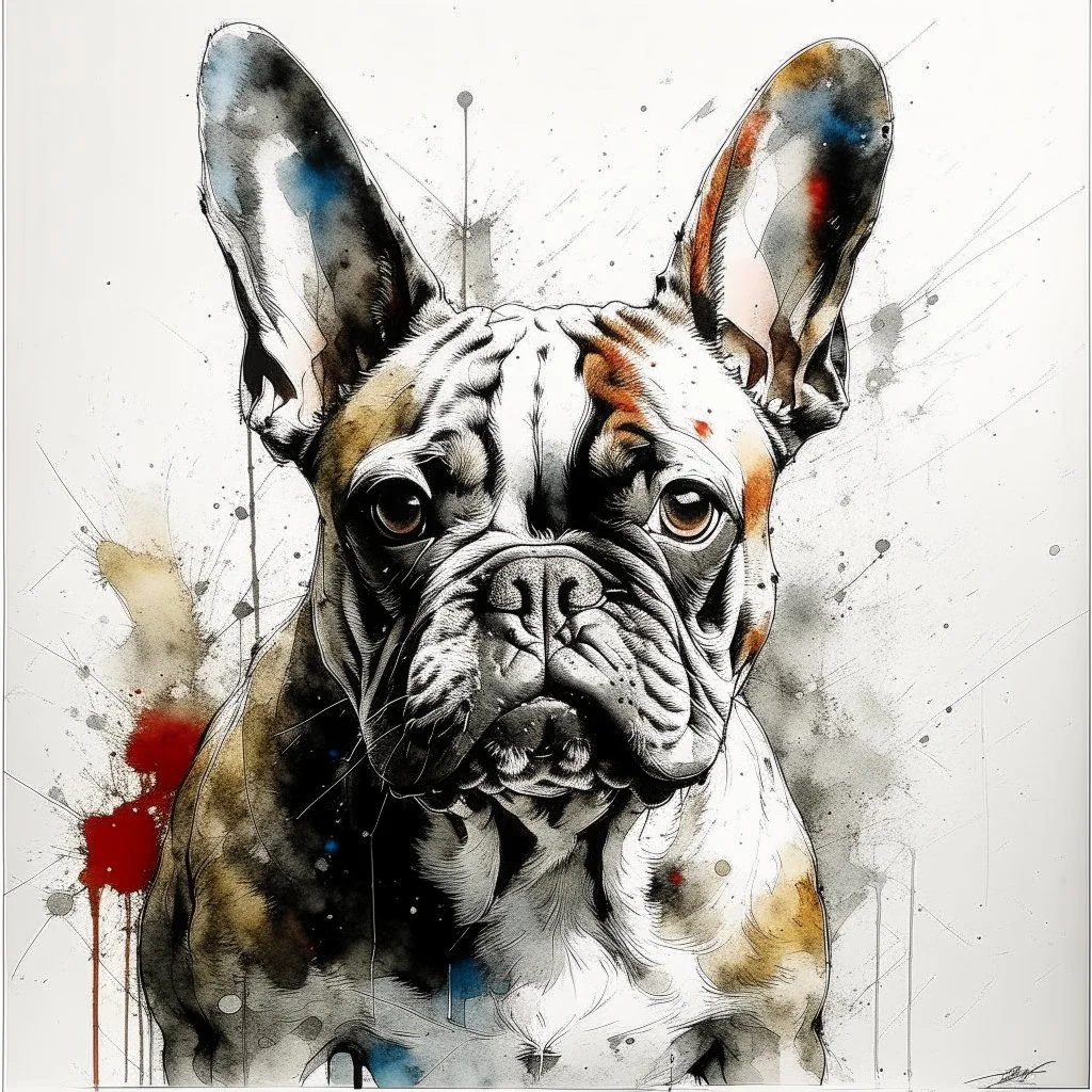 A minimalist portrait of a French bulldog by Ryan Hewett , willem haenraets, watercolor, wet on wet and splattering techniques, centered, perfect composition, abstraction, surrealism