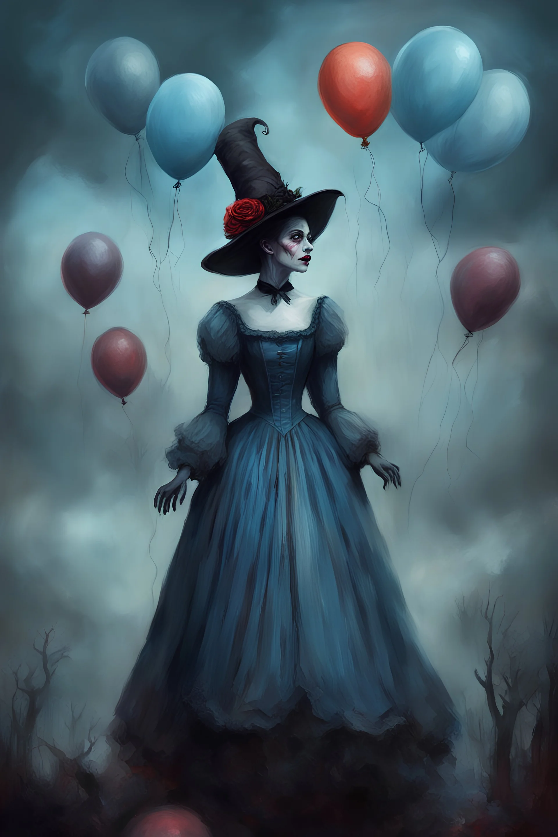 Lovecraftian, a Malevolent looking Mary poppins ((reimagined as a scary looking witch)), banshee like folklore, gothic horror, (decaying skin), horrid, dark palette, digital oil painting ((floating in the sky with a bunch of color balloons)), dressed in a light blue vintage Victorian dress, unsettling, eerie vibes, ominous art, nightmarefuel, by [Wayne Barlowe and Dariusz Zawadzki], wretched horror, moody and atmospheric, haunting, dystopian surrealism, fantasy horror art, highly detailed, intri