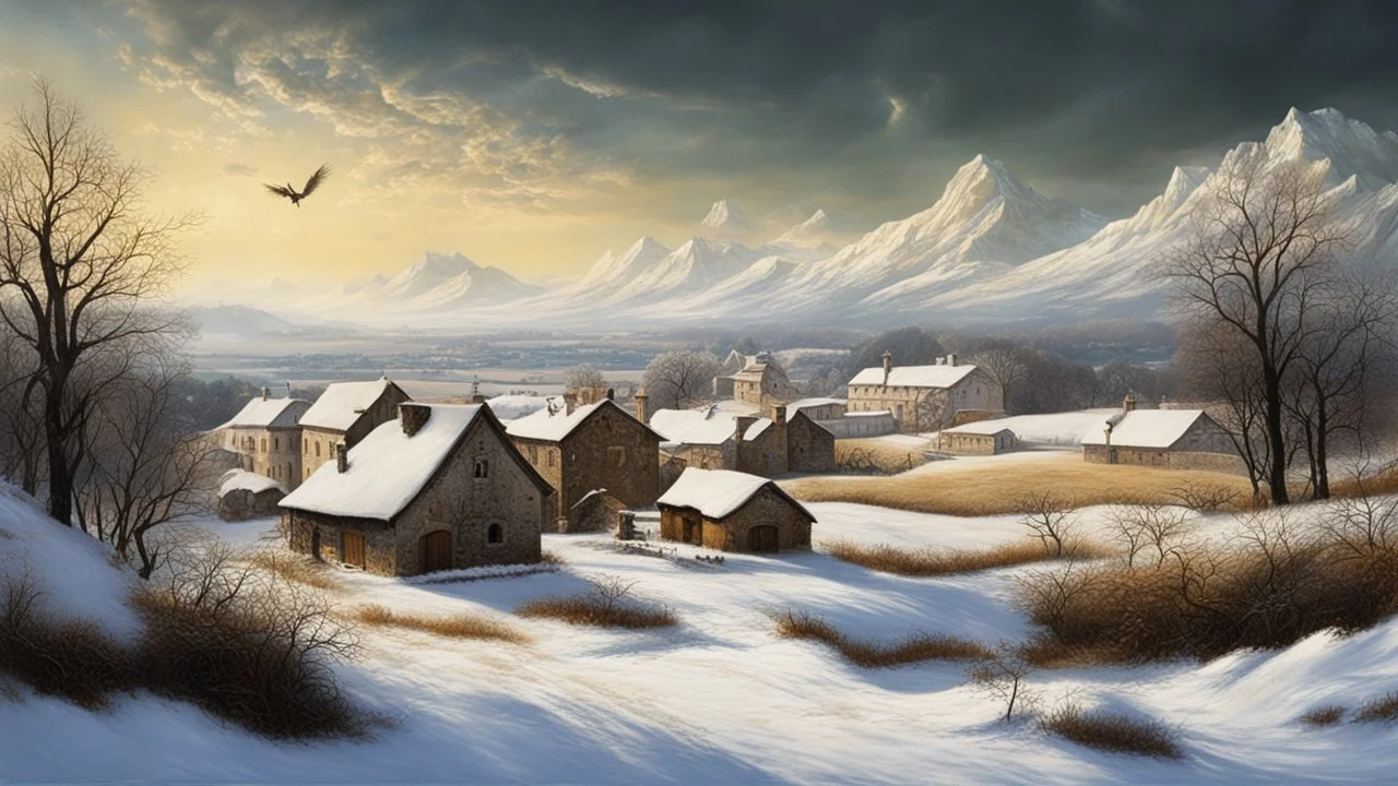 Style Caravaggio, rural idyll, agriculture, dream world, snow, calm beauty, fantasy world, magic, beautiful composition, exquisite detail, superb buildings in the distance