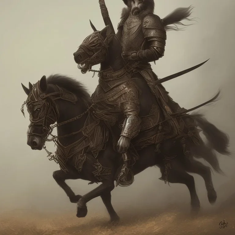 Nomad cavalry. Warriors. Leather armor. Black. Sharp details. Roar. Fast galloping.