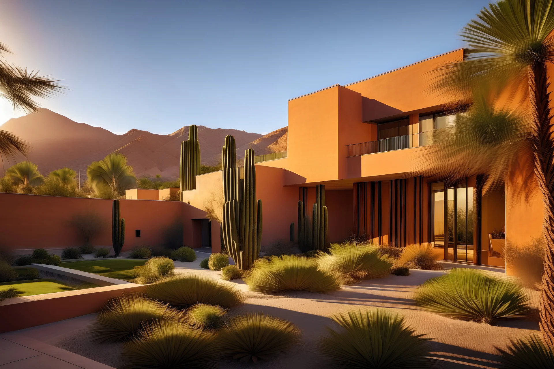 A 2 floor nursing home immersed in a botanical garden, luis barragan style, in an urban area, mountain and desert - like environment, architectural photography, golden hour