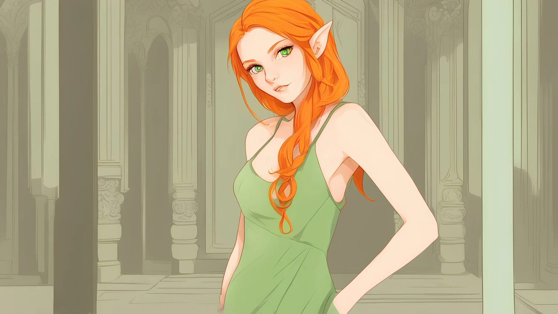 Hot Elf with orange hair and glowing green eyes She wears a light green dress