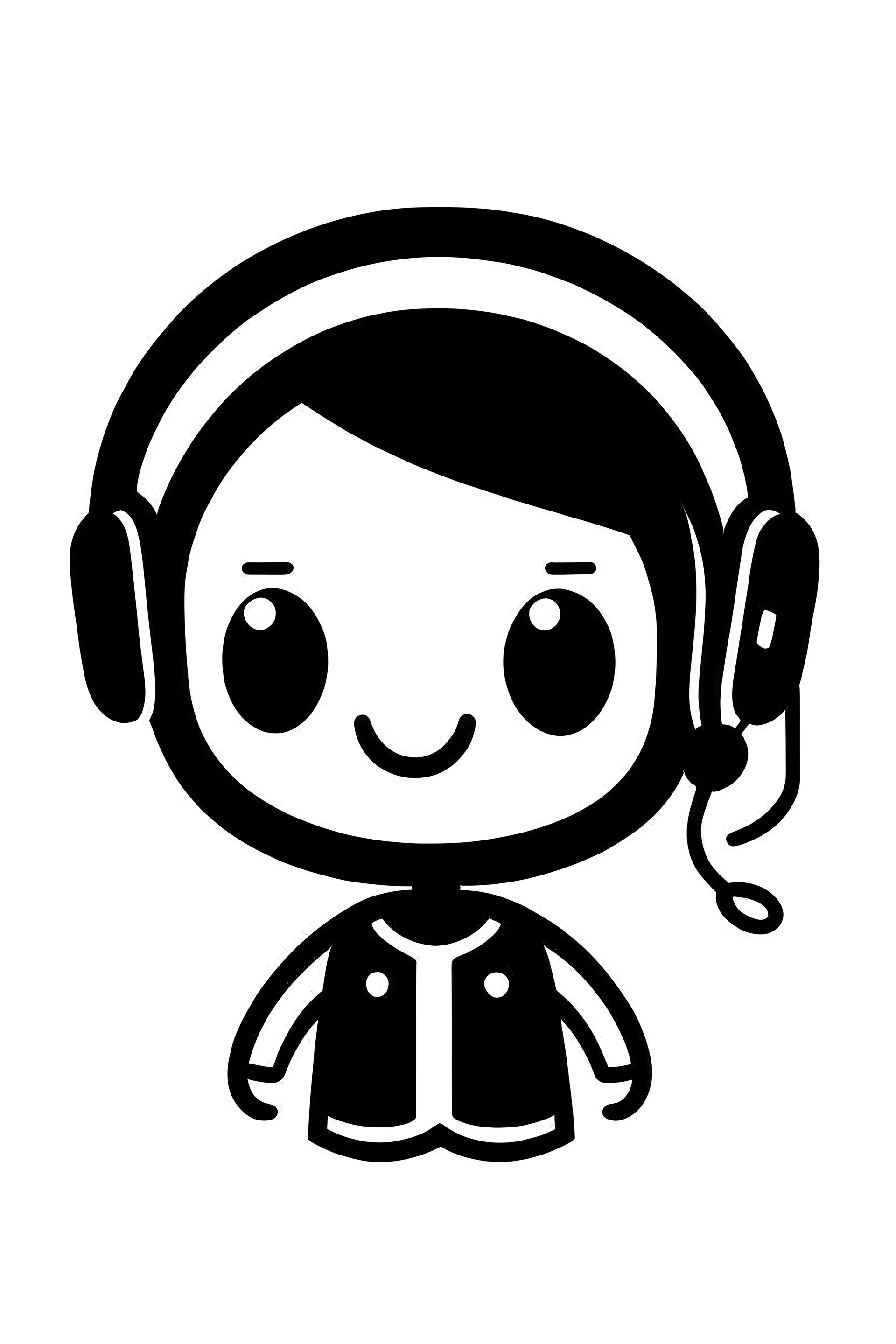 personaje kawaii soporte a cliente blanco y negro estilo clip art logo minimalist audifonos y microfono