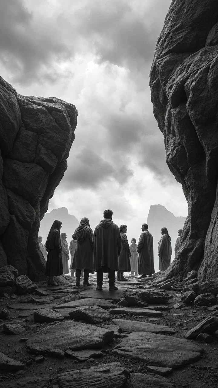 A depressing image, sad and emotional thought-provoking image of A rocky portal the world of gray. Several people standing in the color world begging those in the gray All the people in the gray world are shades of grayscale. The 10 people in the gray are all sad and depressed several crying and weeping. Those beyond the portal in the color world are living and joyful.a stormy wether in the. Background