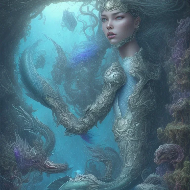 sango fantasy, fantasy magic, intricate, sharp focus, illustration, highly detailed, digital painting, concept art, matte, artgerm and paul lewin and kehinde wiley, masterpiece sexy lips Hawaiian afro lips black African lady body mermaid Dragonfish head blue space lady sea under water mermaid seaweed pyramid