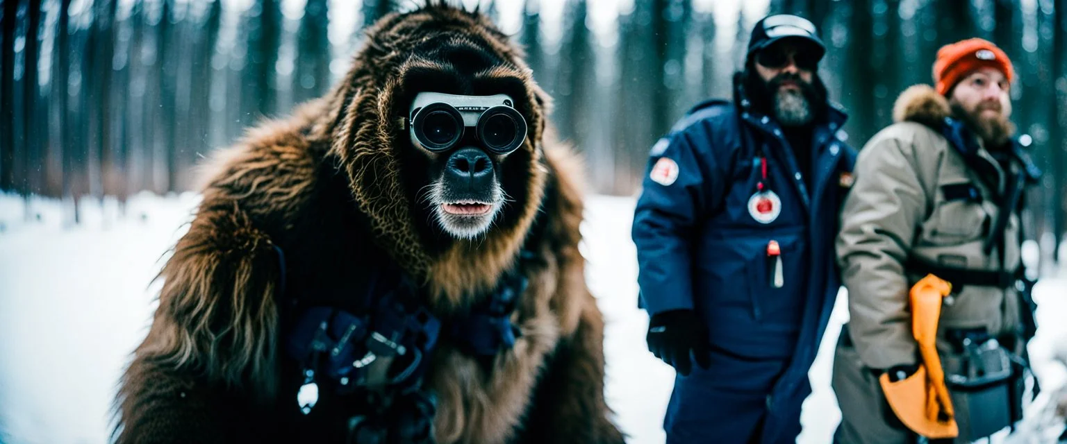 close up documentary photography, Baby Yeti, young curious Bigfoot, scientist, Dystopian, Hyper detailed, realistic fur, Japanese, Extreme depth of field, bokeh blur, winter, blizzard, Alberta, all-natural, in the style of candid, imperfection, natural lighting, Professional shot, shot on Agfa, Fuji Film, as if through the lens of a vintage Panavision camera, 1990s, --ar 4:5 --w 150 --style raw