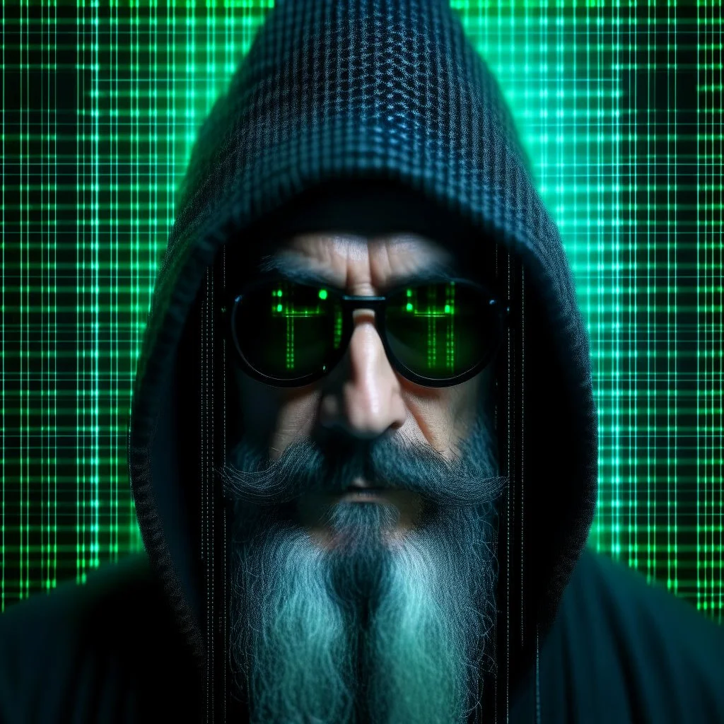 Cybersec wizard using glasses with matrix backgroud