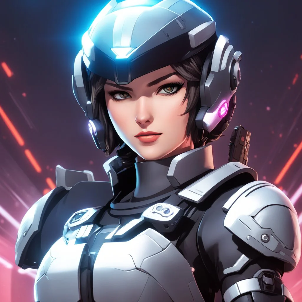 [wii No More Heroes style] awoman in cyber armour with a helmet on the head, she looks at the camera and hold a futuristic gun