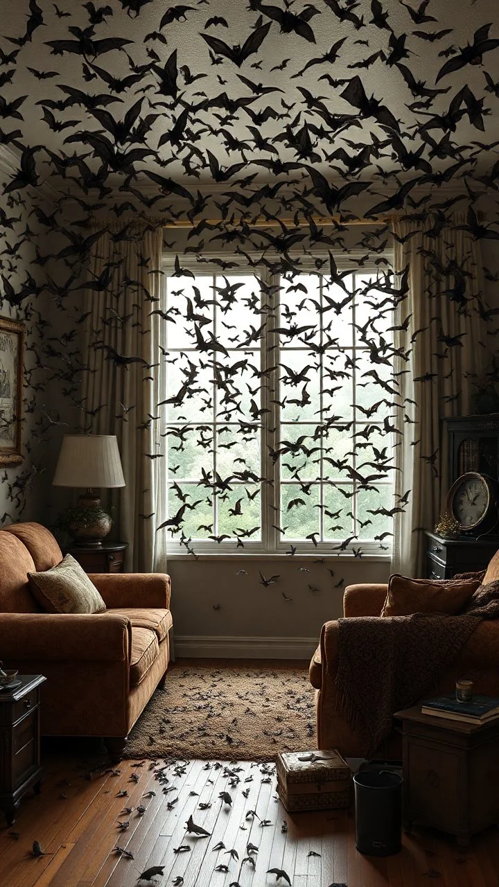 A room with furniture full of thousands of bats everywhere few on a the walls , ceiling, on the couches and furniture coming all from broken glass of the window