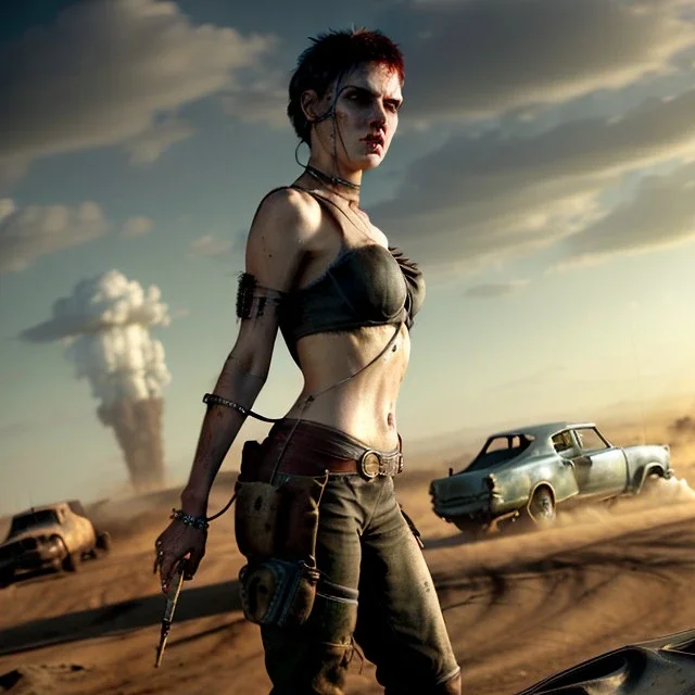 Ultra realistic mad max scene, party. Danger sweet woman, waist up view. Steampunk style, epic, yellow smoke fog, hottest, highly detailed, concept art, unreal engine 5, god rays, ray tracing, RTX, lumen lighting, ultra detail, volumetric lighting, 3d, finely drawn, high definition, high resolution.