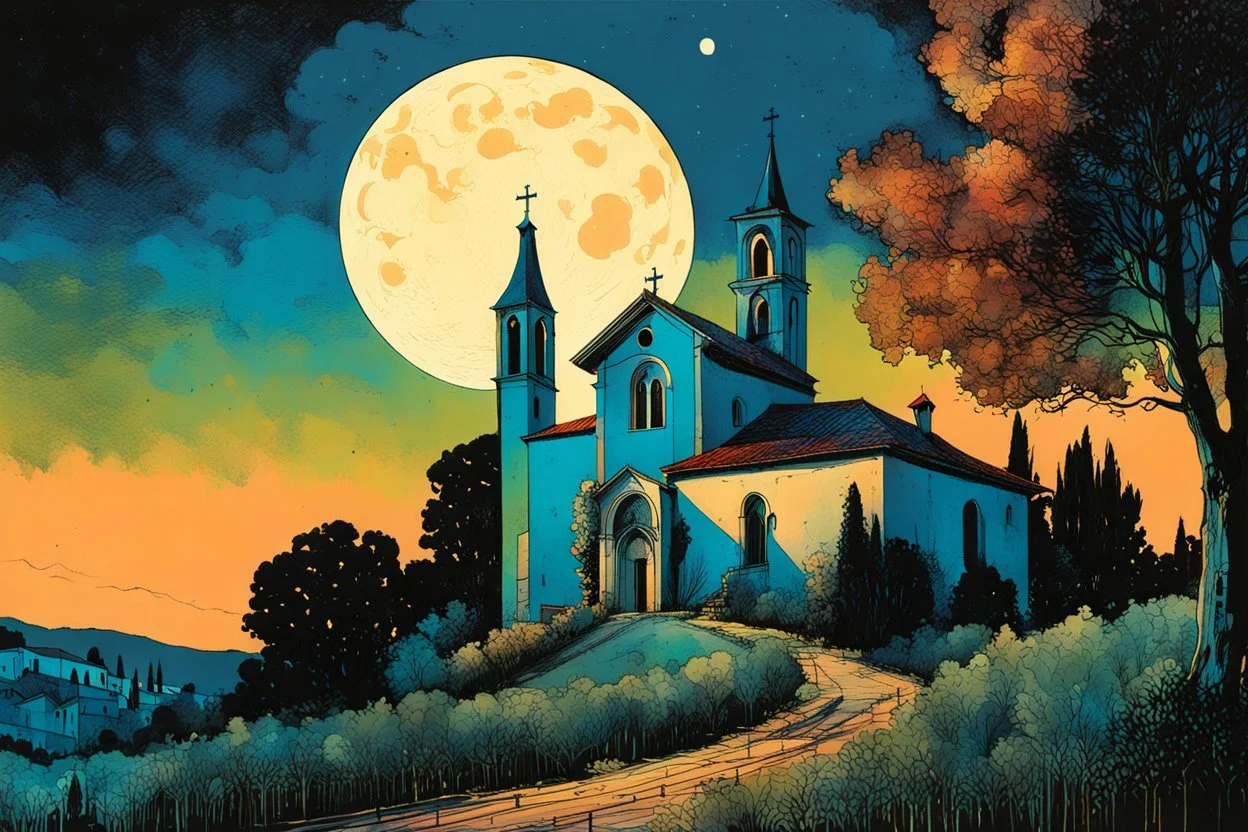 create a wildly abstract illustration of a highly detailed old Italian village church surrounded by Lombardy poplar trees, in the hills of Tuscany under a harvest moon at midnight , in the comic book art style of Bill Sienkiewicz, and Jean Giraud Moebius, finely textured, drawn, colored, and inked