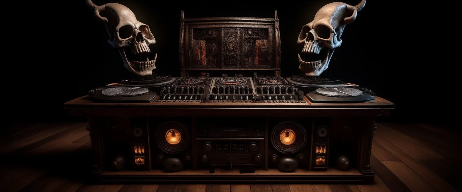 DJ of the damnded, insanely detailed DJ booth in hell, MID set, speakers and equipment made of bone, anatomically correct, add more skulls in th audience, photorealism, vray, 8k 3d https://stablecog.com/generate?o=a67b60e0-edd2-418d-9744-d1d585055d7f