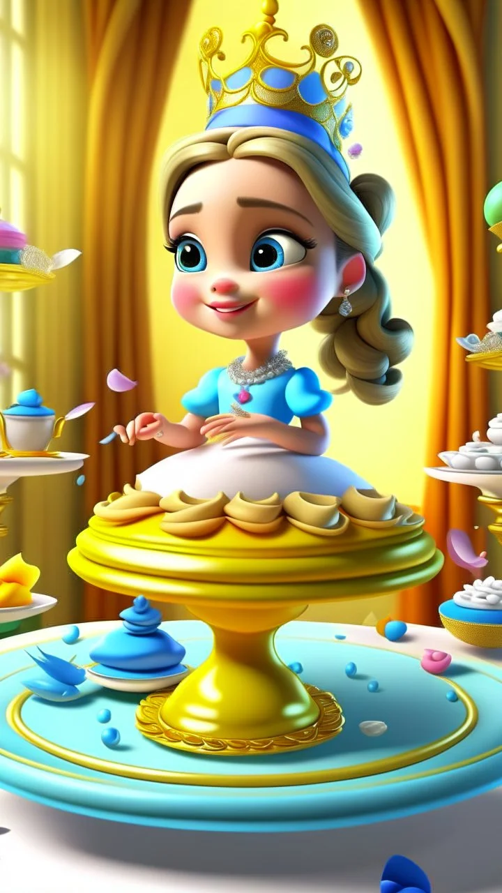 The cakes are baking, sweet scents fill the air, Teacups aligned with precision and care. The invitations sent, like birds on the wing, Spreading the news of the royal gathering. , cartoon,3D