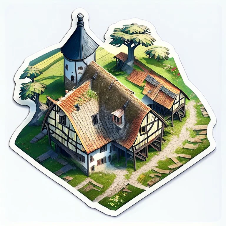 aerial view of a digital artwork of a medieval farm house as a sticker