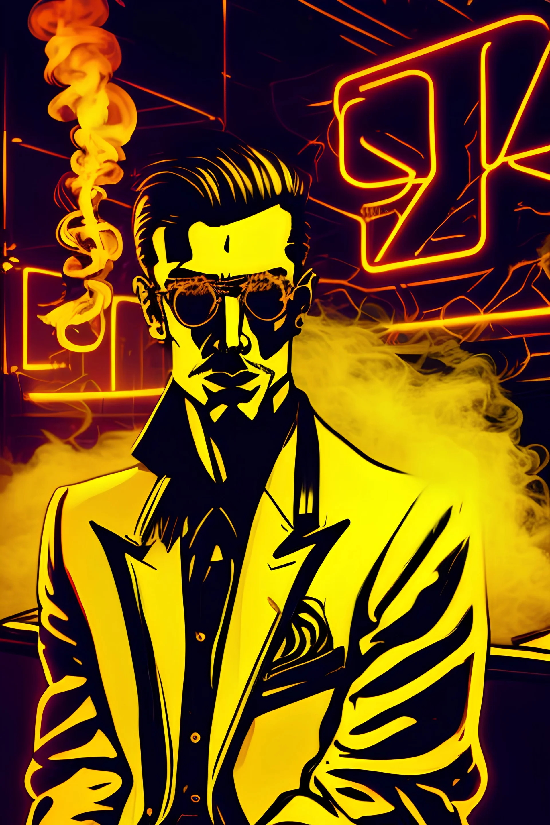 ((A cartoon character of a man)) ((Dresses like a mafia)) (((Sitting in a nightclub)) ((((There is a neon weed logo in the background, outlined on the outside in a golden color with an energy glow )))There is a lot of smoke