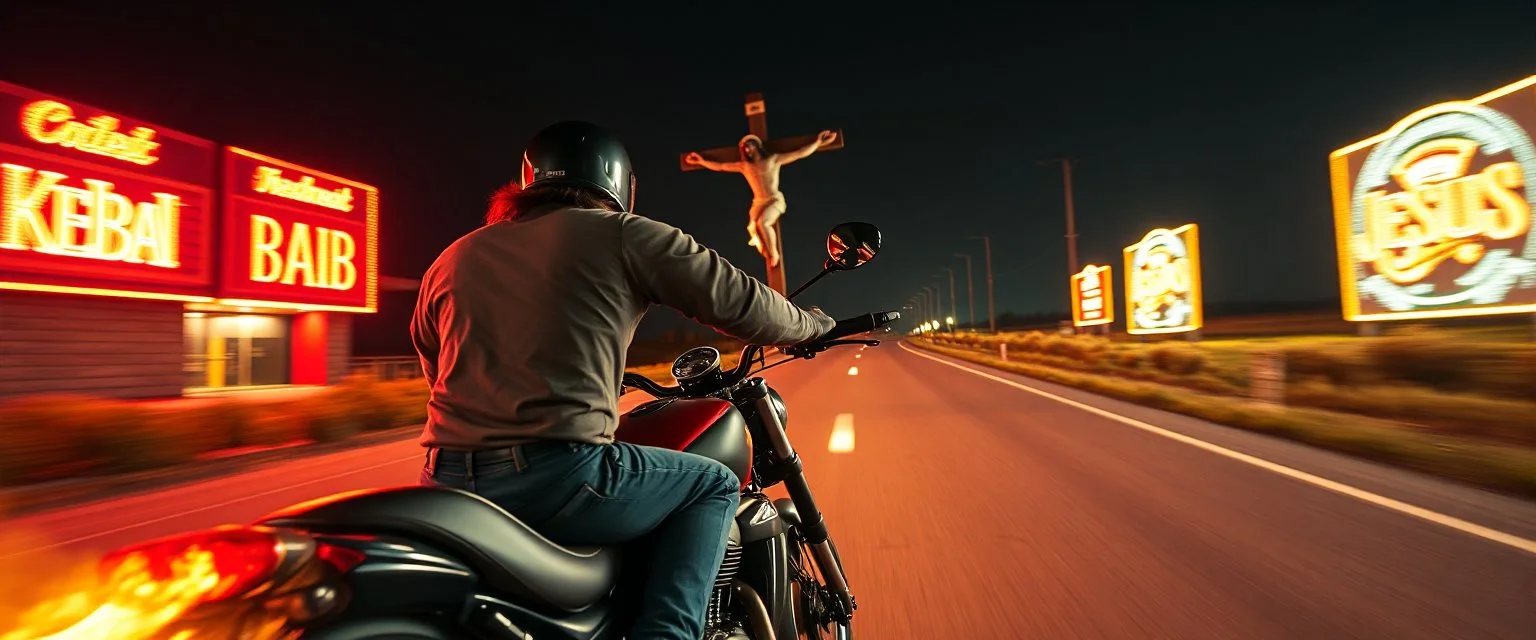 The kebab man driving fast on his motorcycle, fire from the exhaust, widescreen picture, empty road on the country at night, comic style, no helmet and he have a long black beard, neon kebab signs along the road, jesus at his cross