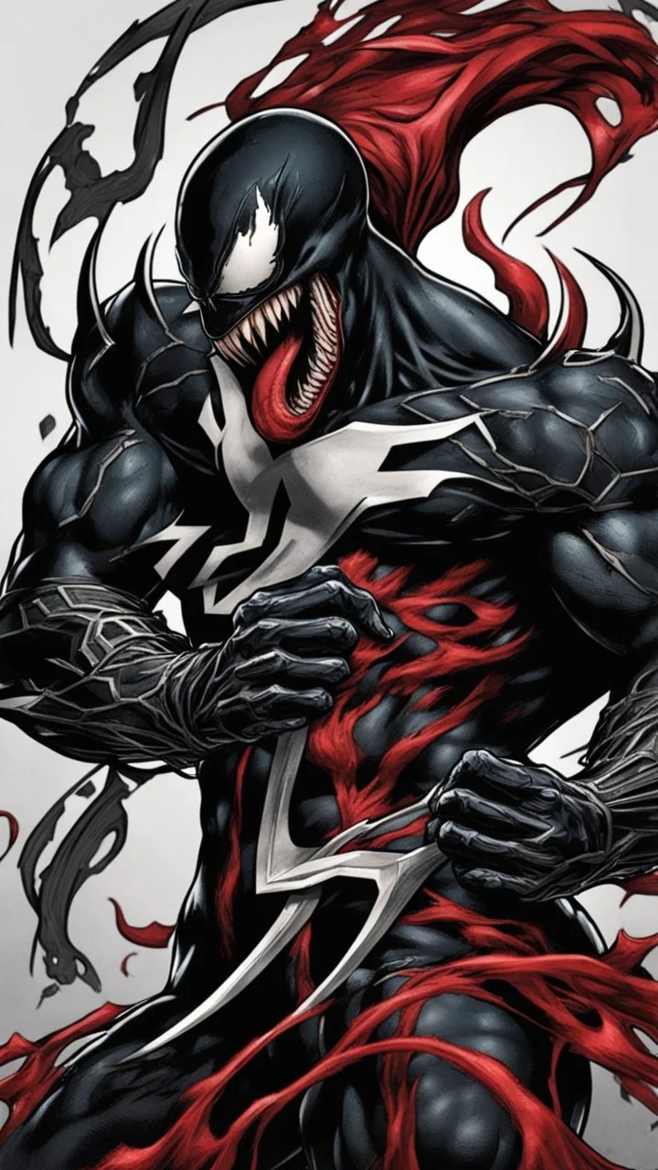 A close picture of Venom symbiote as ghost of Sparta red tattoos and Clothes, holding blade of choice