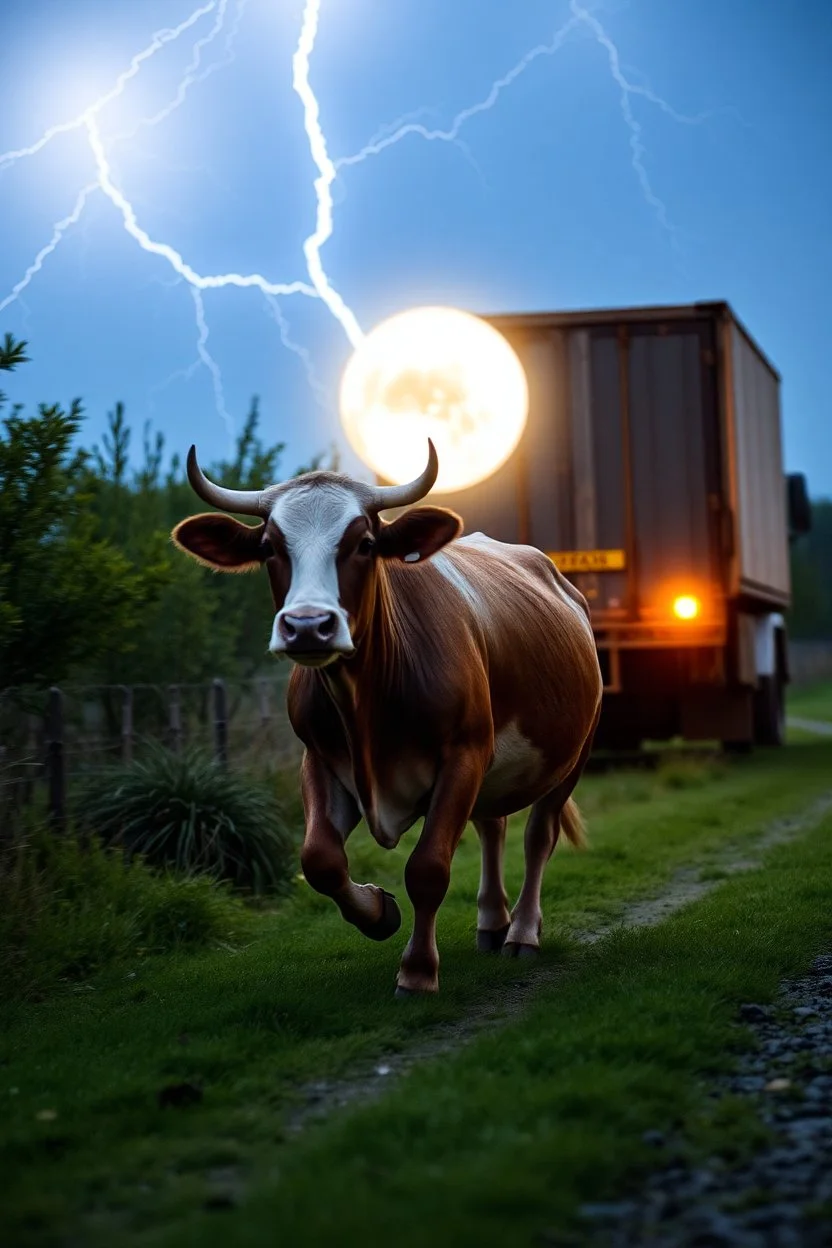 cow running from Ball lightning entity a rare and unexplained phenomenon described as luminescent, spherical objects that vary from pea-sized to several meters in diameter. in amazement from back of a lorry