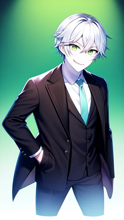 plauge doctor in balck leather coat and suit with silver hair, pale skin and bright green eyes smiling with sharp teeth, nice young face, male, viscious smile