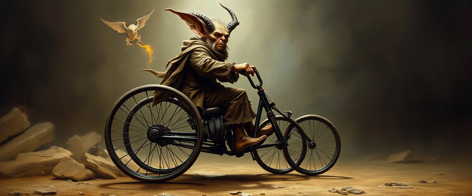 master oil painting by Rembrandt, magic trike man with vertical front wheel, and horisontal back wheels, gremlin brown, final battle forgotten realms