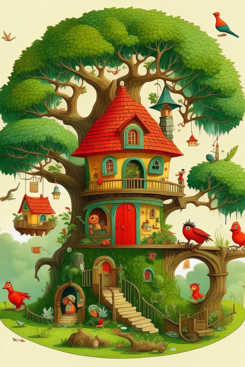 Une petite maison en bois, perchée au sommet d'un grand arbre aux branches robustes, au milieu d'une forêt dense et verdoyante. La maison a des fenêtres rondes, une porte rouge et une cheminée qui fume. Des oiseaux colorés et des écureuils curieux se promènent autour de la maison, tandis qu'un ruisseau scintillant coule à proximité.