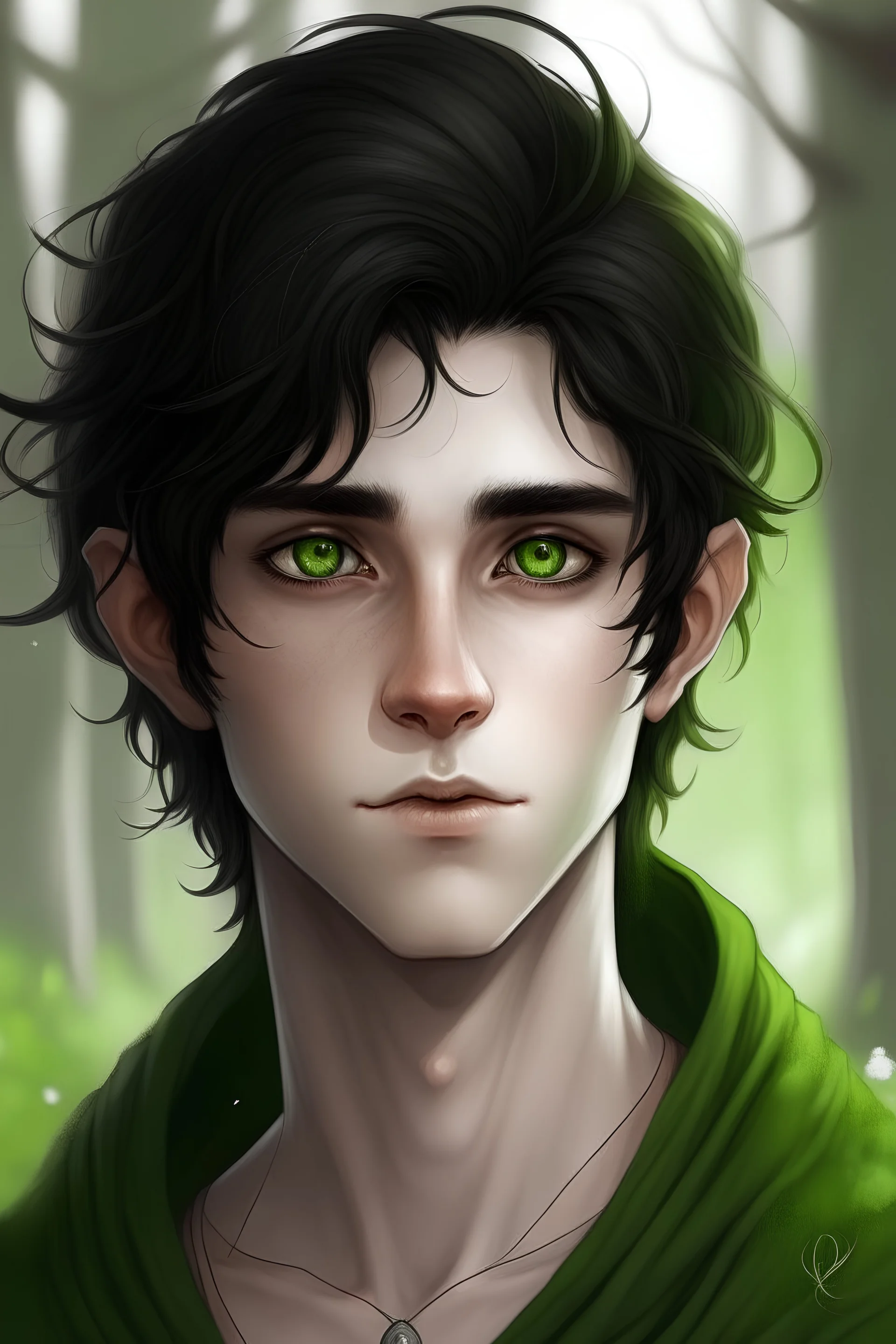 A teenage boy with white skin and green eyes with messy black hair. he is very handsome, and he is a tree elf