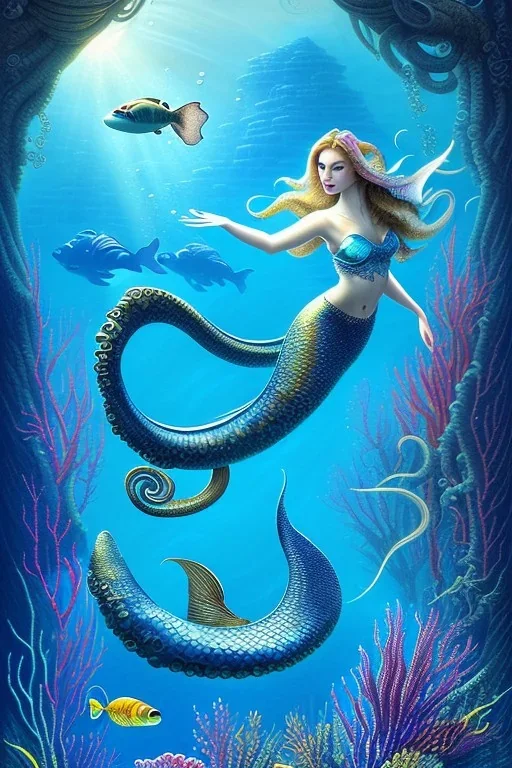 underwater scene, a mermaid with shimmering tail, octopus, fish, beautiful colors, very fine detail, high quality, mystical, romanticism, intricate, Neo-Impressionism,