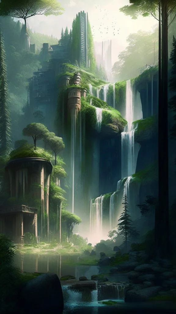 forest landscape with buildings and waterfall