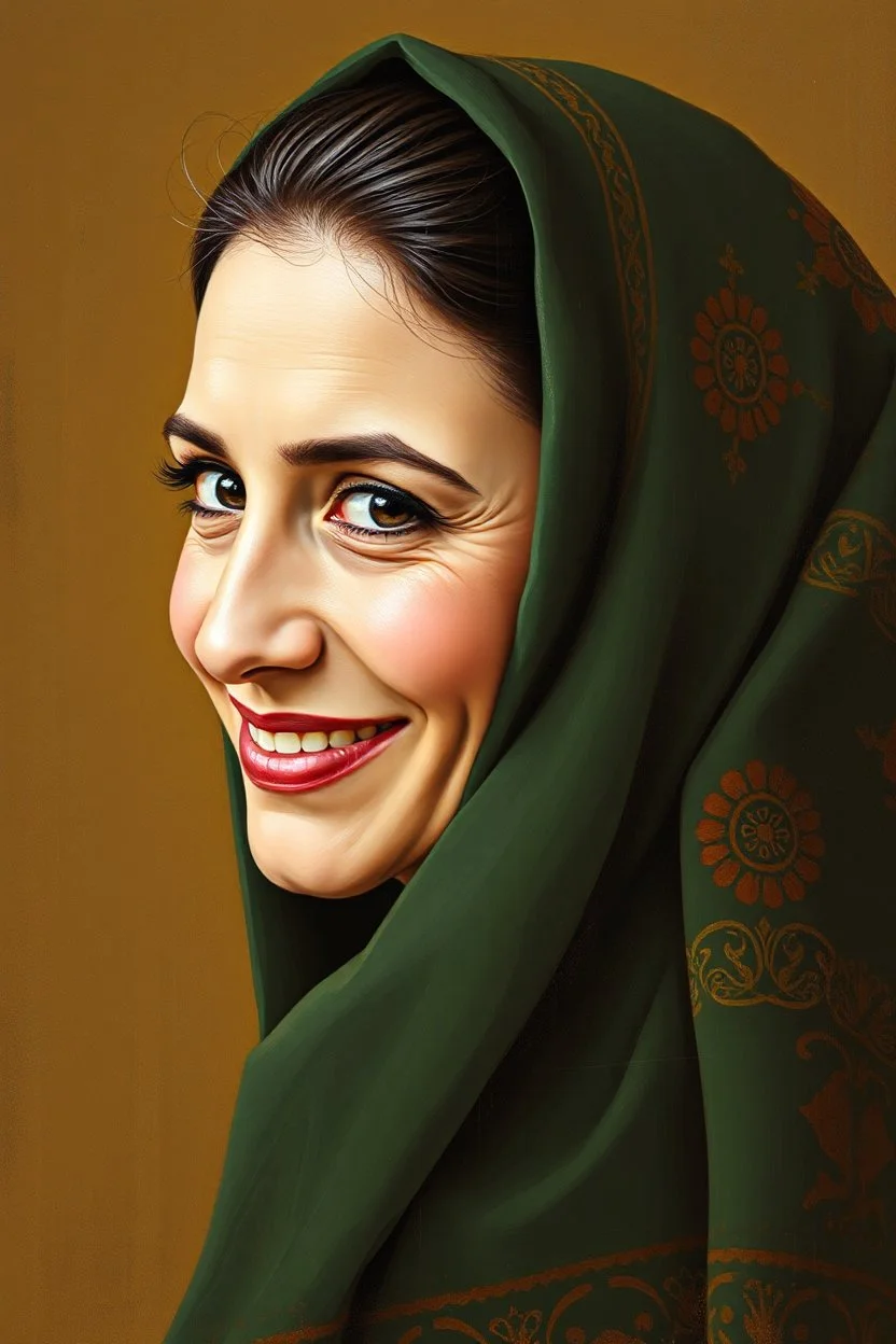 Palestinian woman with a beautiful face, turning her face slightly to the right, with a beautiful smile, and her mouth closed, not showing her teeth, she looks drawn with oil paints