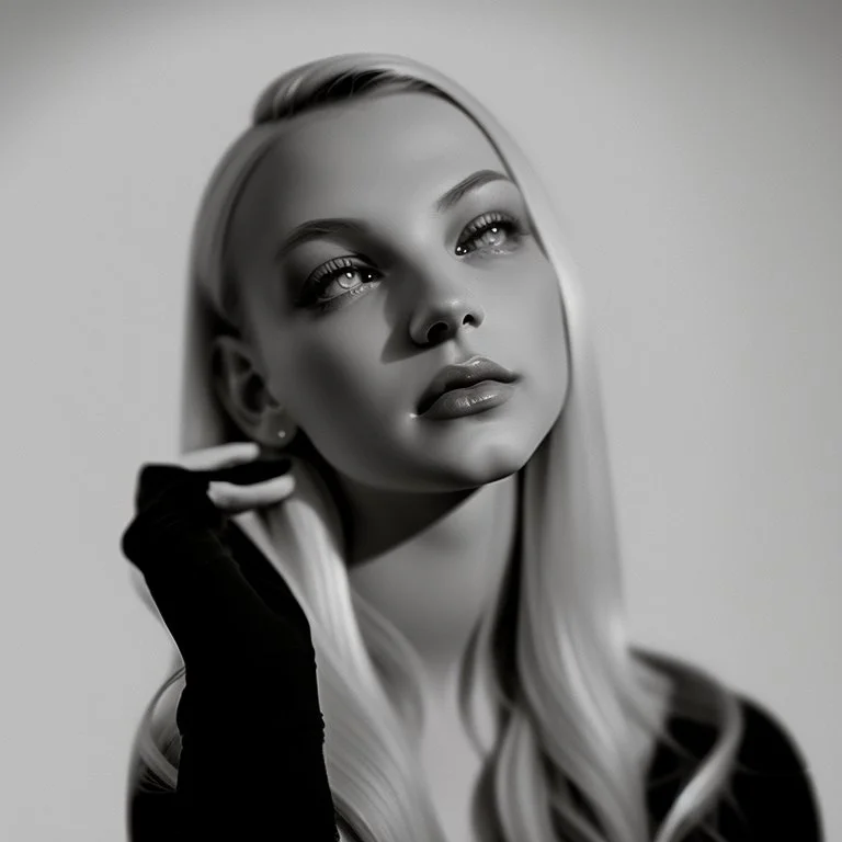 Mujer rubia iluminada, retrato medio cuerpo, iluminada potentemente desde el lado derecho, blanco y negro vaporoso, peinado a lo Verónica Lake al estilo del fotógrafo Hugo Alonso