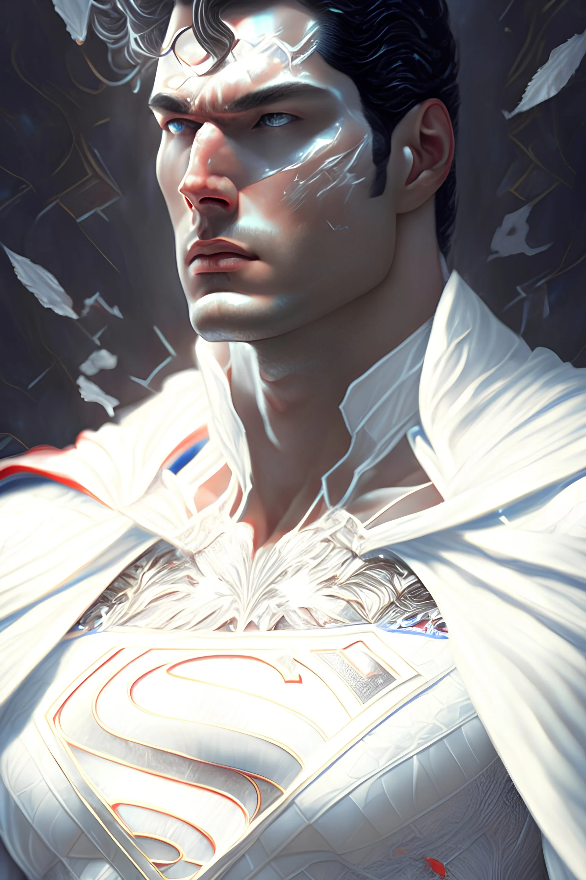 The epic portrait of Superman, dressed in white attire and adorned with gorgeous and surreal intricate details , wide-angle view , Half body composition , shinycinematic , artstation