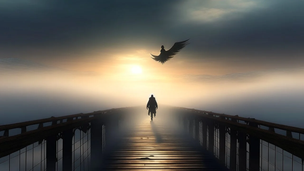 walking straight ahead over a wooden bridge, holding the angel of death with your right hand, entering the fog at the end of the road that leads to the afterlife, and a beautiful sunset and galaxy's behind the fog, realistic