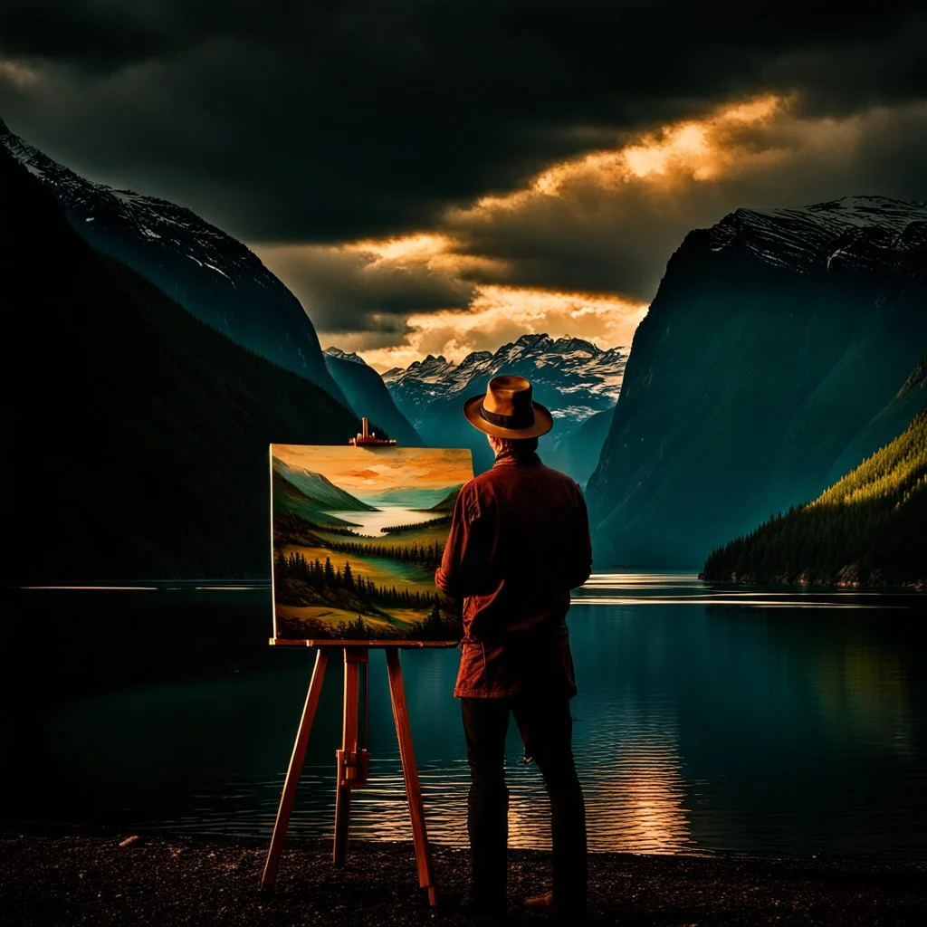 Long shot of an 18th century painter painting on an easel in nature taken from behind, in the background of a fjord in Norway with turquoise water, forested mountains reflected in the fjord, cloudy sky, sunset time, hyperrealistic shot, wide lens, 24K