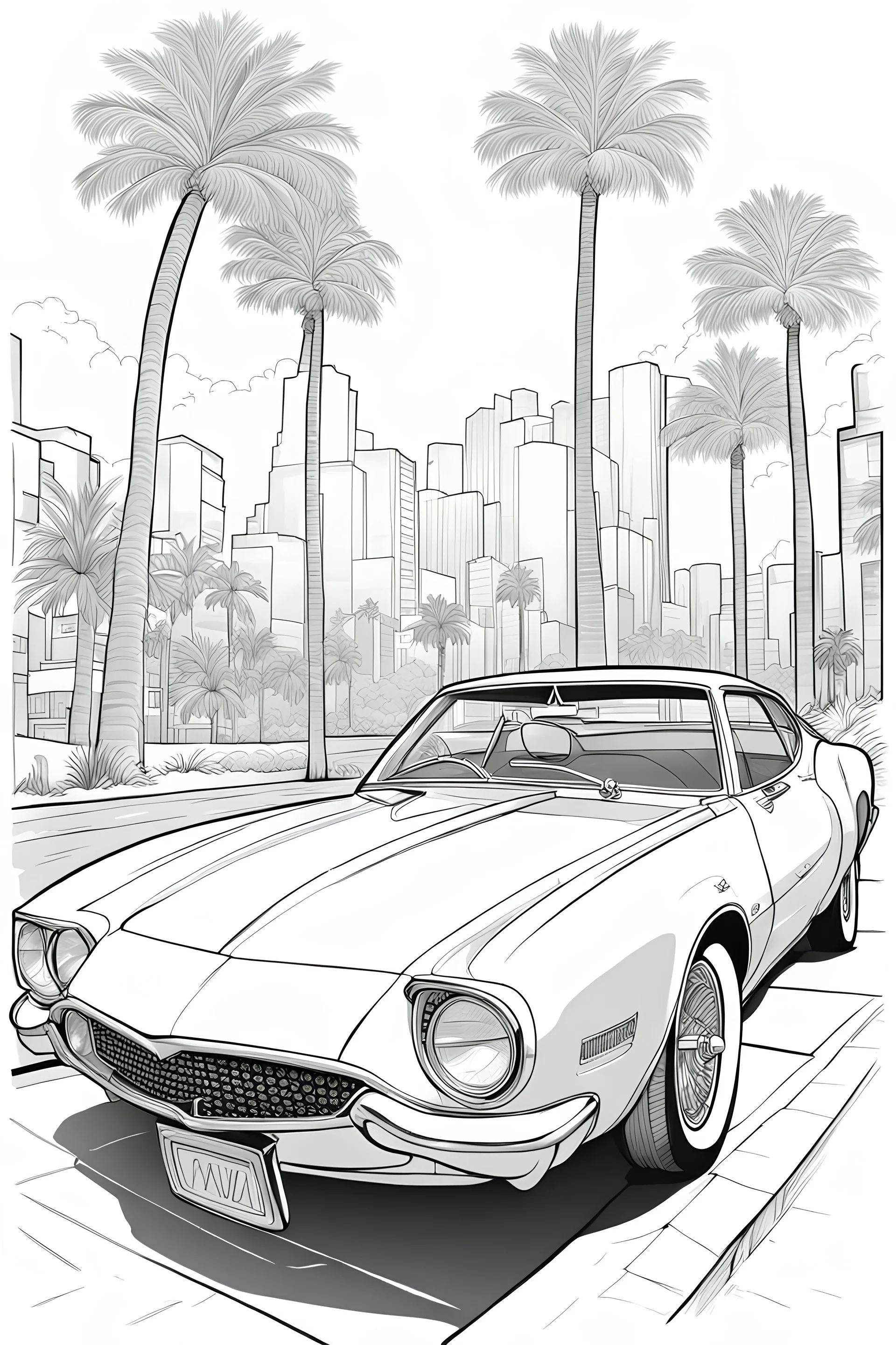 outline art for an adults coloring page, Studebaker Avanti on a Sunset Boulevard , white background, detailed sketch style,no color , only use outline, clean art , white background, no shadows and clear well outlined,