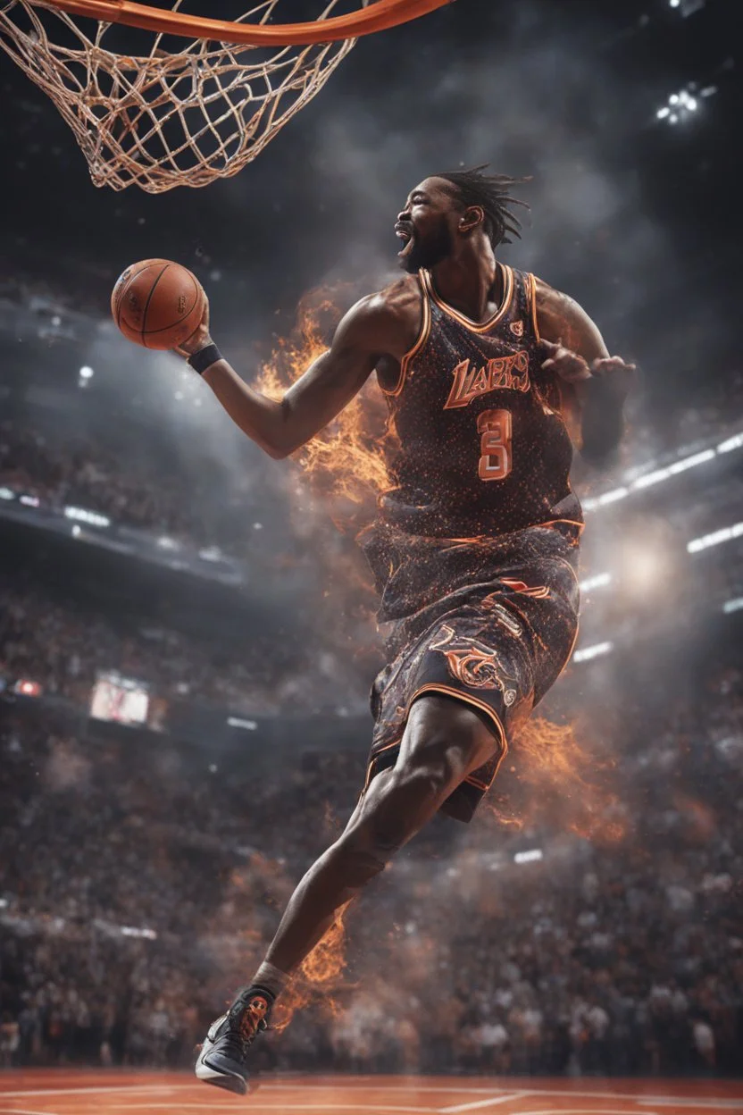 8k, highly realistic and detailed image of a NBA basketball player in action dunking the ball in the net, sweaty hair, screaming look,action and smoke and flames background