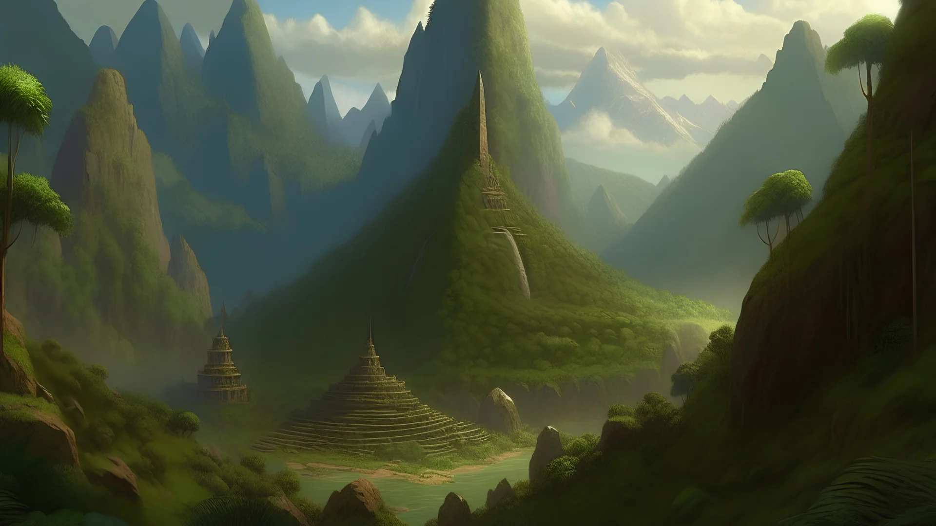 a beautiful and highly detailed digital painting of a stone pyramid in the distance, a massive lush mountainous jungle, intricate details, epic scale, hyperdetailed, hyperrealism, artstation, cgsociety, 8 k, sharp focus, by caspar friedrich, albert bierstadt, james gurney,