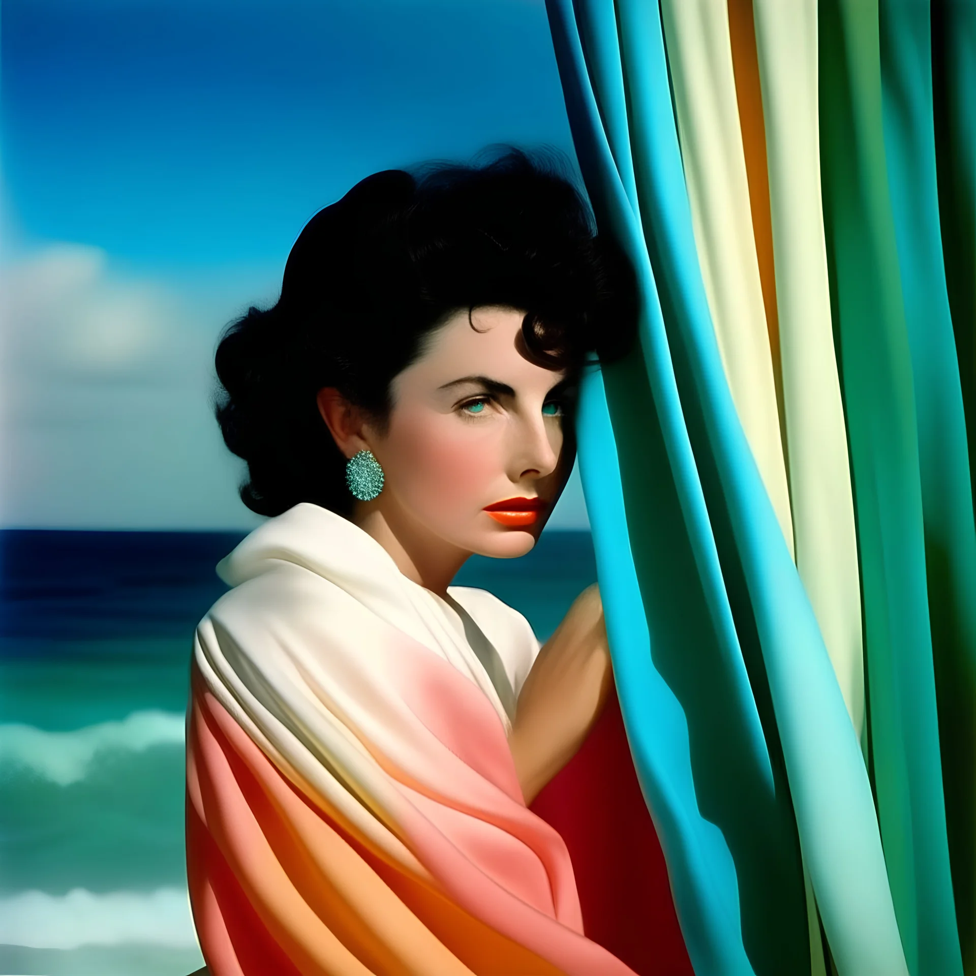 Elizabeth taylor, A white curtain above the sea, turquoise, pink, orange, yellow, wind blowing