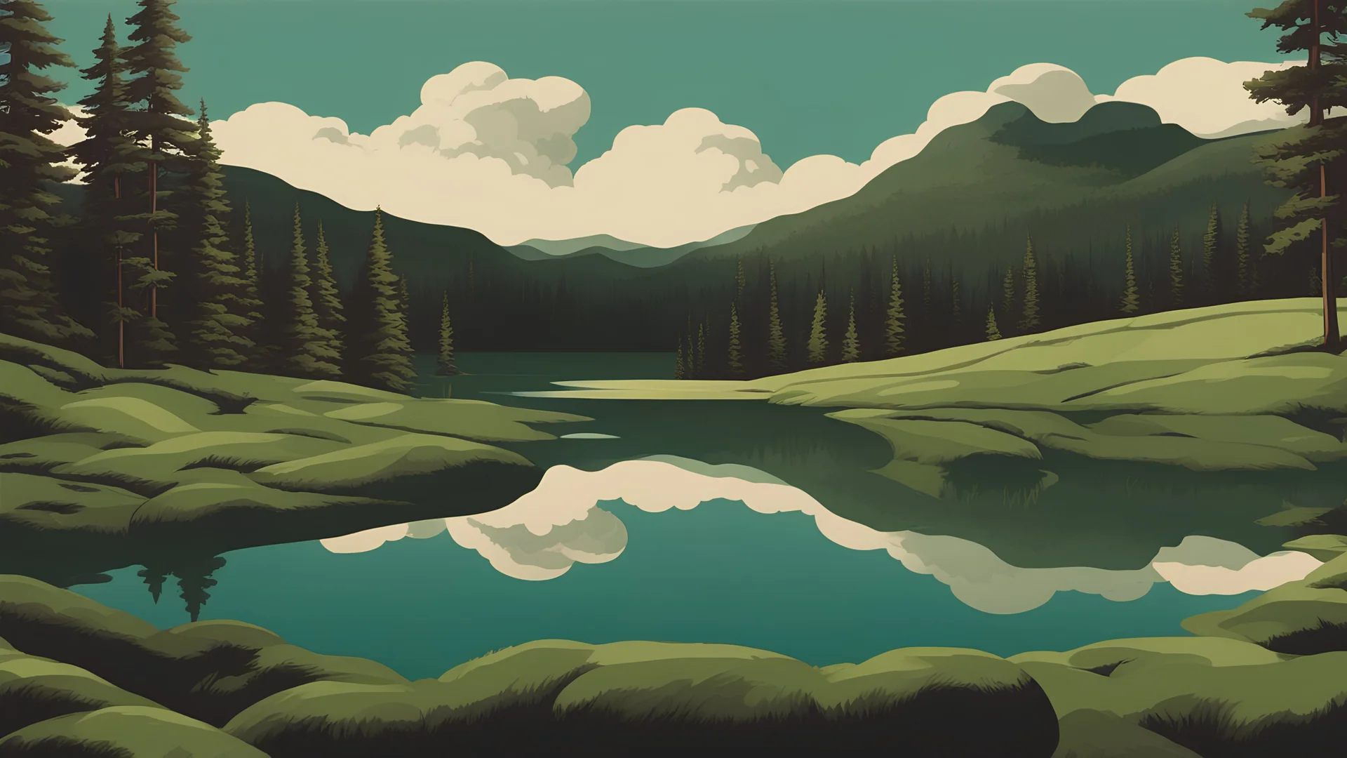 landscape :1.0 | trees green forest woodland :0.8 | vintage poster 1.0 | fluffy clouds in the distance :0.5 | realistic :0.5 | bold colors :0.3 | bright :0.7 | in the style of USA national park posters :1.0 | lake :1.0 | dark green:0.7 | Swedish archipeligo :1.0